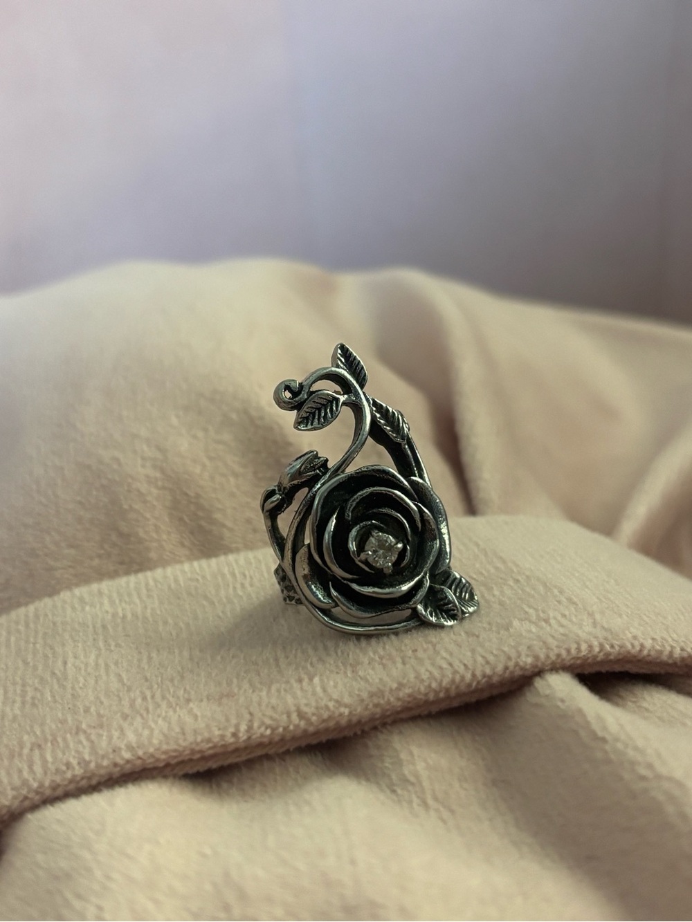 Silver Rose Floral Cocktail Ring Size 8